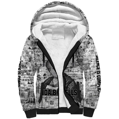 Ida B. Wells Sherpa Hoodie with Newspaper Collage Design Powerful Portrait Civil Rights and Free Press Tribute - African Pride
