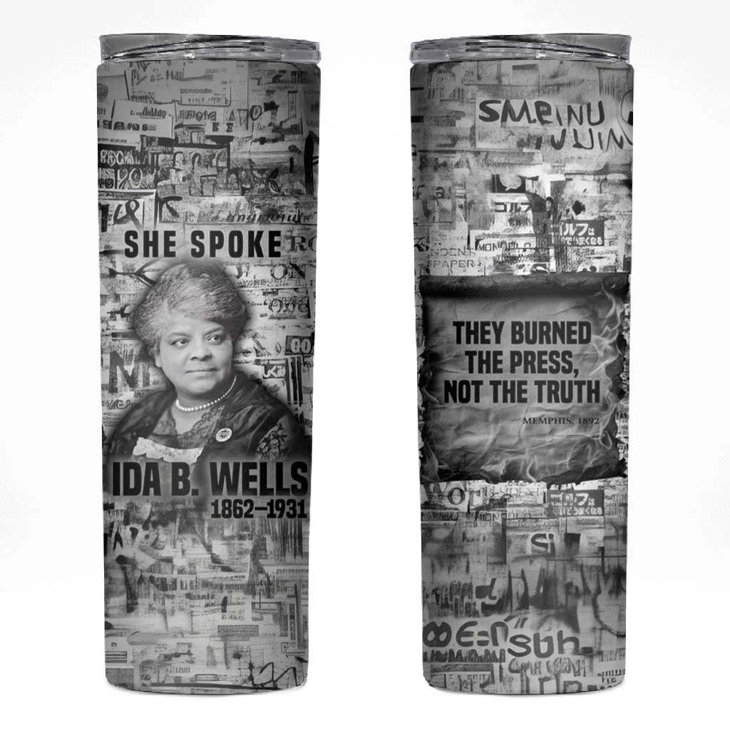 Ida B. Wells Skinny Tumbler with Newspaper Collage Design Powerful Portrait Civil Rights and Free Press Tribute - African Pride