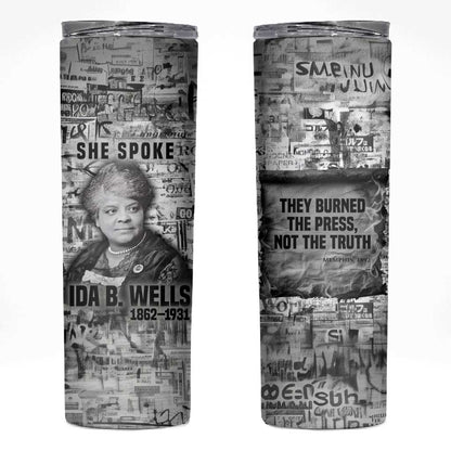 Ida B. Wells Skinny Tumbler with Newspaper Collage Design Powerful Portrait Civil Rights and Free Press Tribute - African Pride