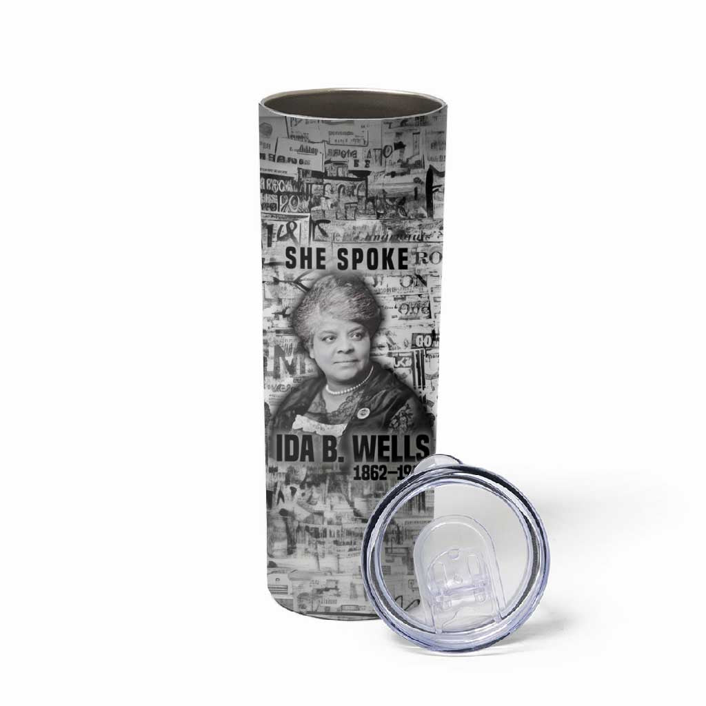 Ida B. Wells Skinny Tumbler with Newspaper Collage Design Powerful Portrait Civil Rights and Free Press Tribute - African Pride