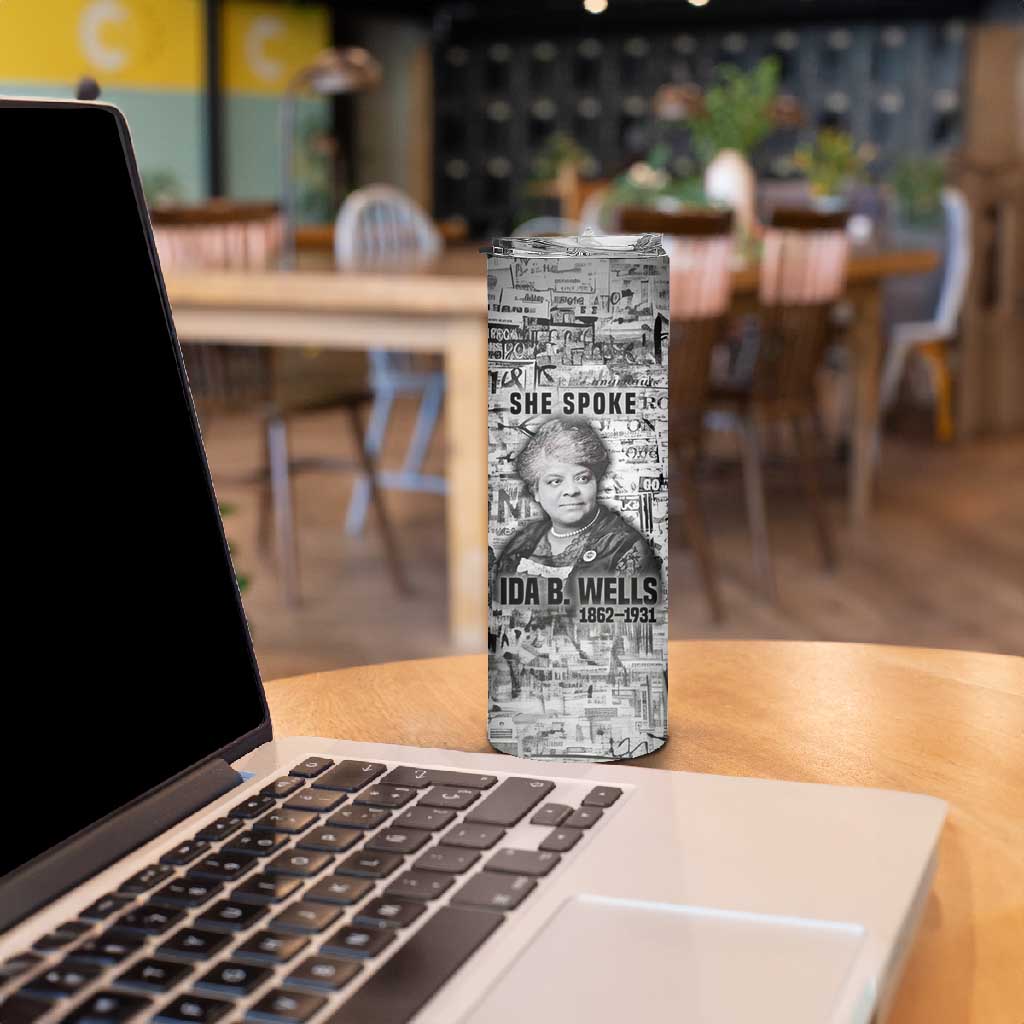 Ida B. Wells Skinny Tumbler with Newspaper Collage Design Powerful Portrait Civil Rights and Free Press Tribute - African Pride