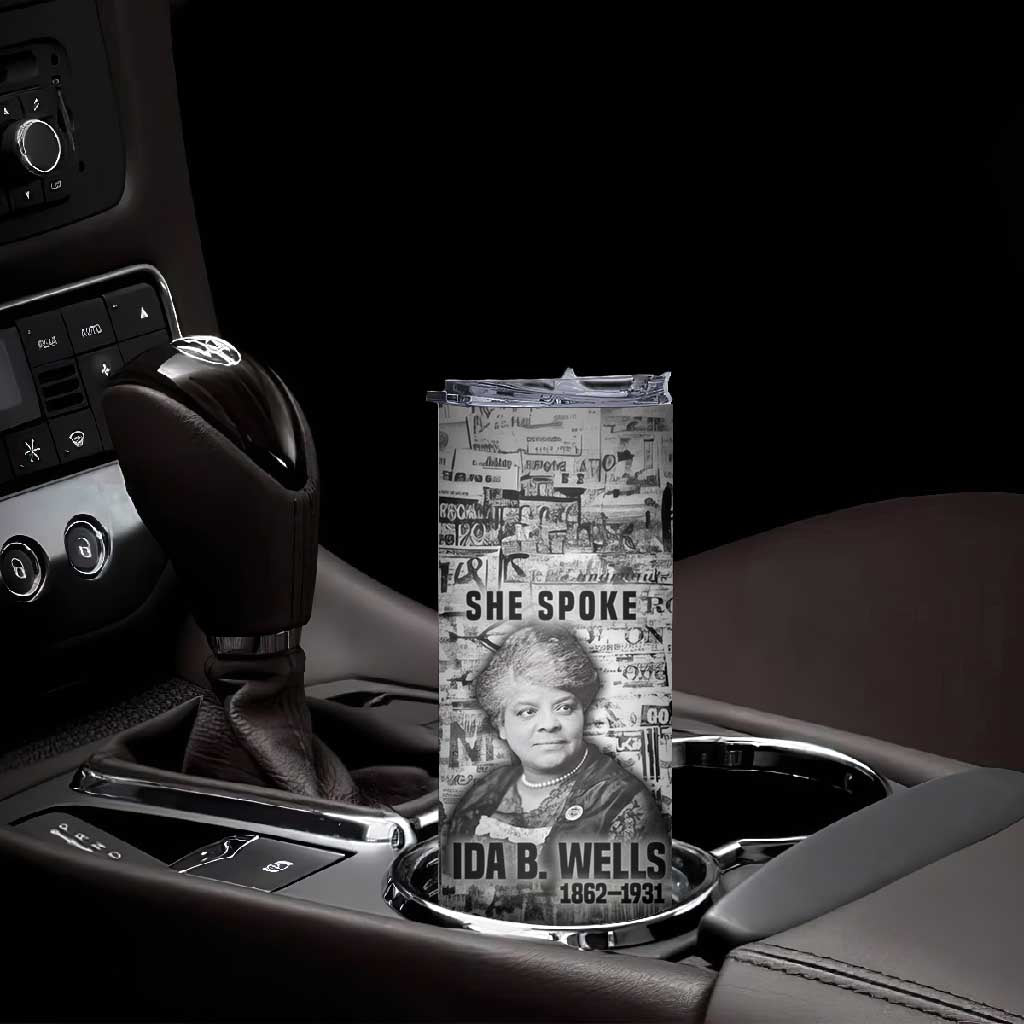 Ida B. Wells Skinny Tumbler with Newspaper Collage Design Powerful Portrait Civil Rights and Free Press Tribute - African Pride