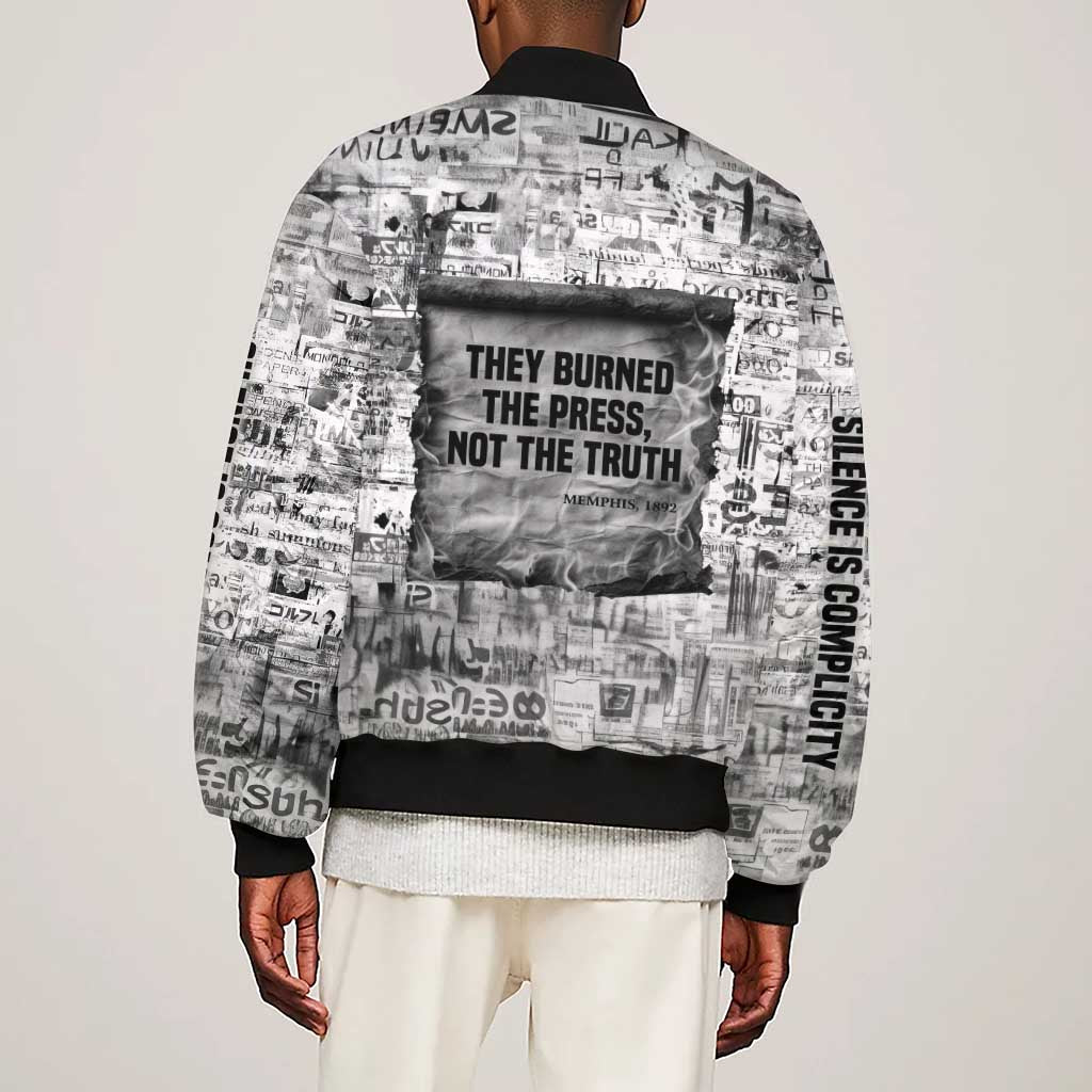 Ida B. Wells Sleeve Zip Bomber Jacket with Newspaper Collage Design Powerful Portrait Civil Rights and Free Press Tribute - African Pride