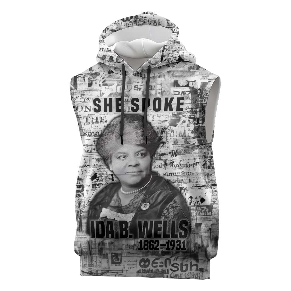 Ida B. Wells Sleeveless Hoodie with Newspaper Collage Design Powerful Portrait Civil Rights and Free Press Tribute - African Pride