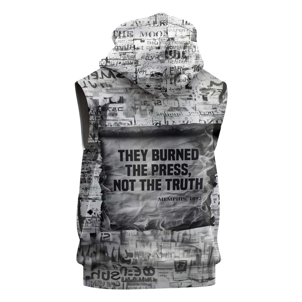 Ida B. Wells Sleeveless Hoodie with Newspaper Collage Design Powerful Portrait Civil Rights and Free Press Tribute - African Pride