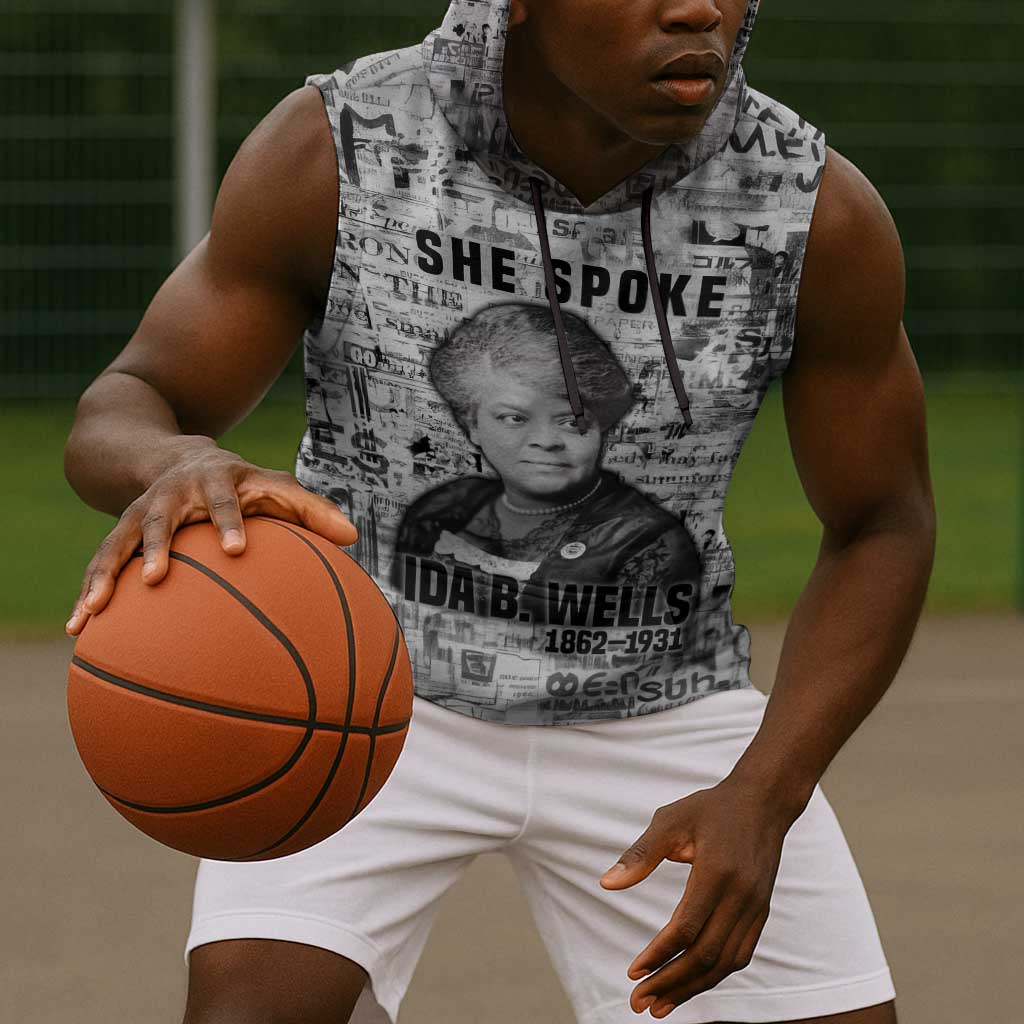 Ida B. Wells Sleeveless Hoodie with Newspaper Collage Design Powerful Portrait Civil Rights and Free Press Tribute - African Pride