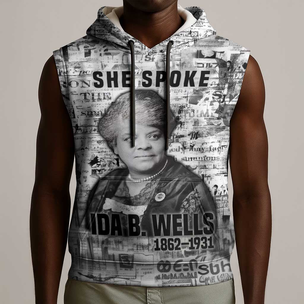 Ida B. Wells Sleeveless Hoodie with Newspaper Collage Design Powerful Portrait Civil Rights and Free Press Tribute - African Pride