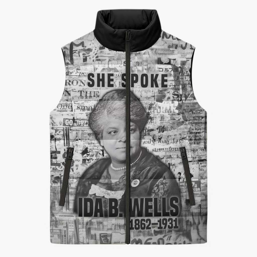 Ida B. Wells Sleeveless Puffer Jacket with Newspaper Collage Design Powerful Portrait Civil Rights and Free Press Tribute - African Pride