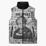 Ida B. Wells Sleeveless Puffer Jacket with Newspaper Collage Design Powerful Portrait Civil Rights and Free Press Tribute - African Pride