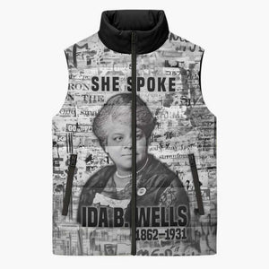 Ida B. Wells Sleeveless Puffer Jacket with Newspaper Collage Design Powerful Portrait Civil Rights and Free Press Tribute - African Pride