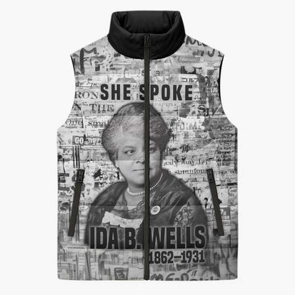 Ida B. Wells Sleeveless Puffer Jacket with Newspaper Collage Design Powerful Portrait Civil Rights and Free Press Tribute - African Pride
