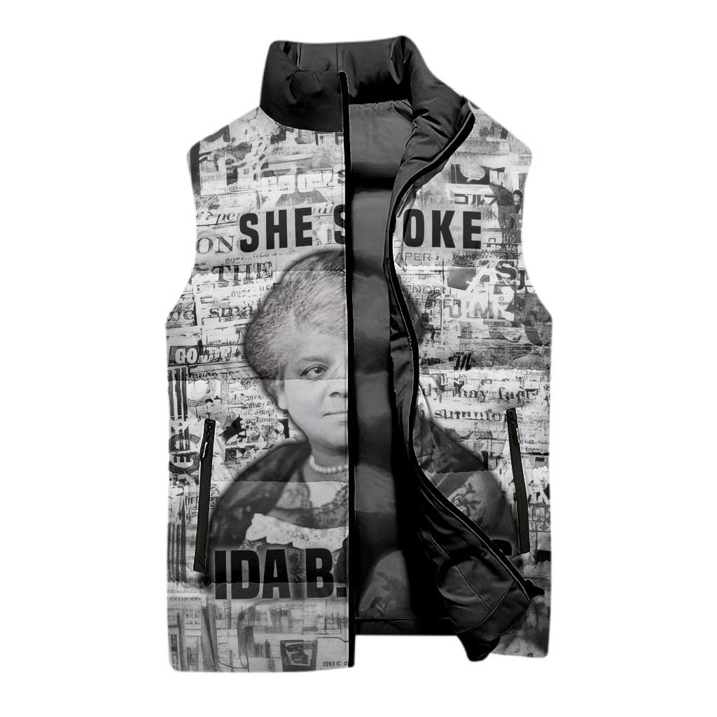 Ida B. Wells Sleeveless Puffer Jacket with Newspaper Collage Design Powerful Portrait Civil Rights and Free Press Tribute - African Pride