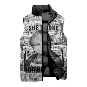 Ida B. Wells Sleeveless Puffer Jacket with Newspaper Collage Design Powerful Portrait Civil Rights and Free Press Tribute - African Pride