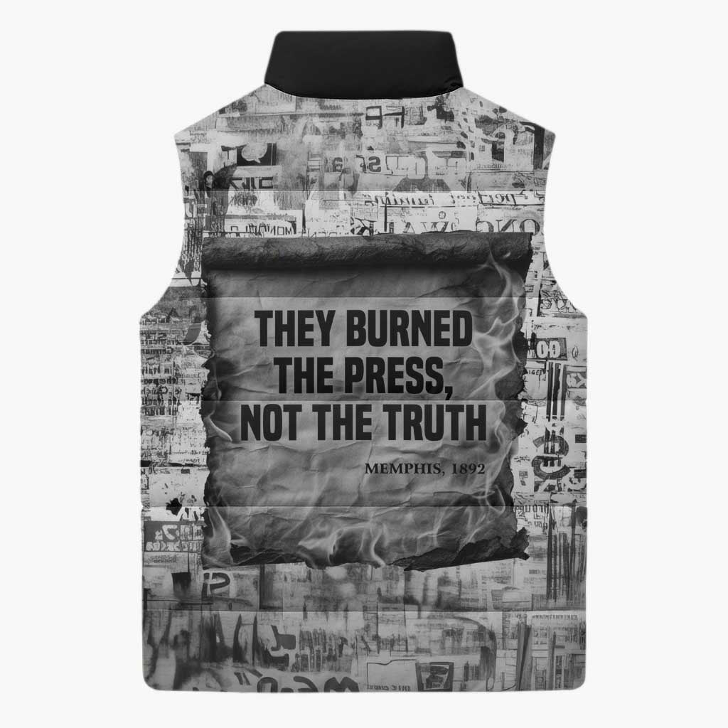 Ida B. Wells Sleeveless Puffer Jacket with Newspaper Collage Design Powerful Portrait Civil Rights and Free Press Tribute - African Pride