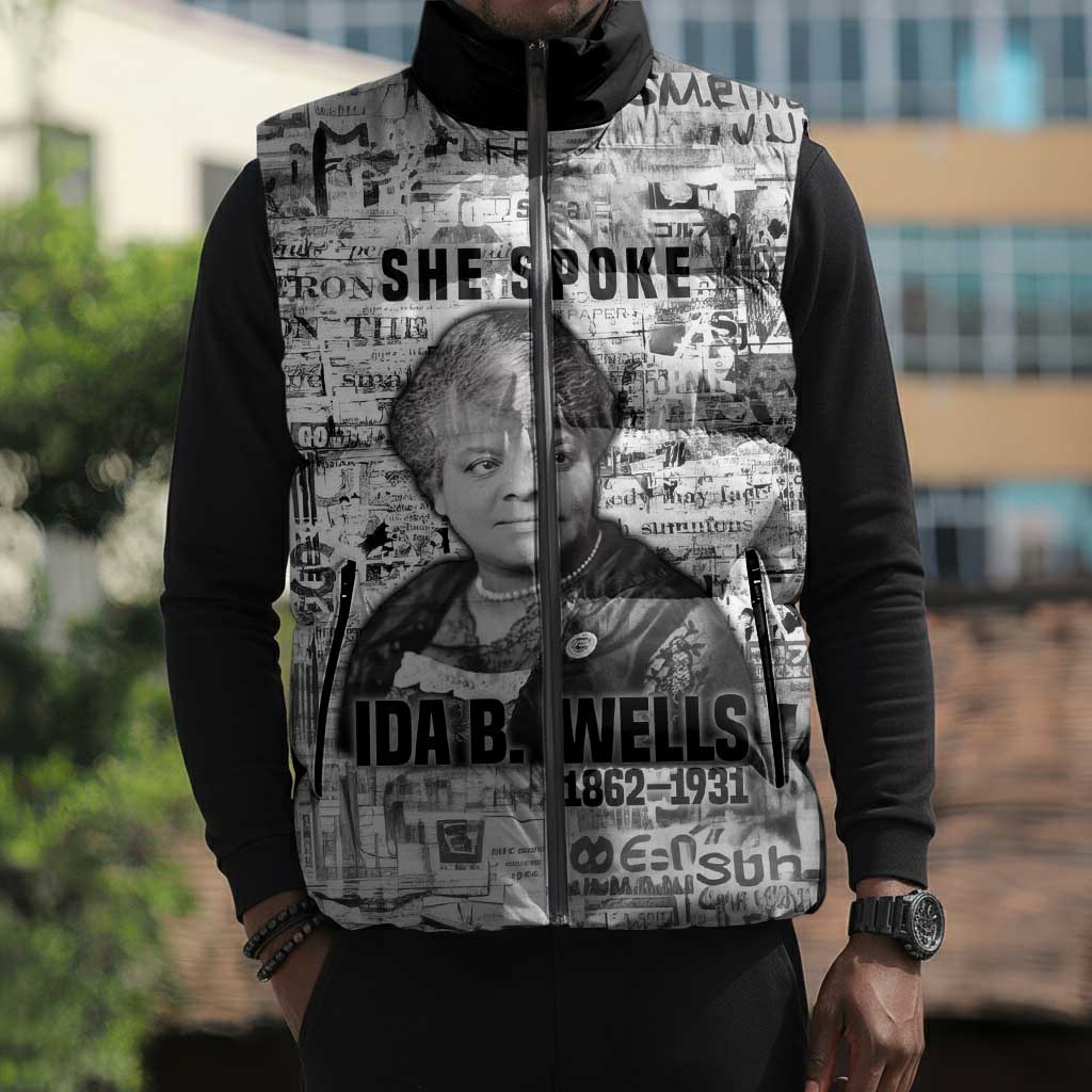 Ida B. Wells Sleeveless Puffer Jacket with Newspaper Collage Design Powerful Portrait Civil Rights and Free Press Tribute - African Pride