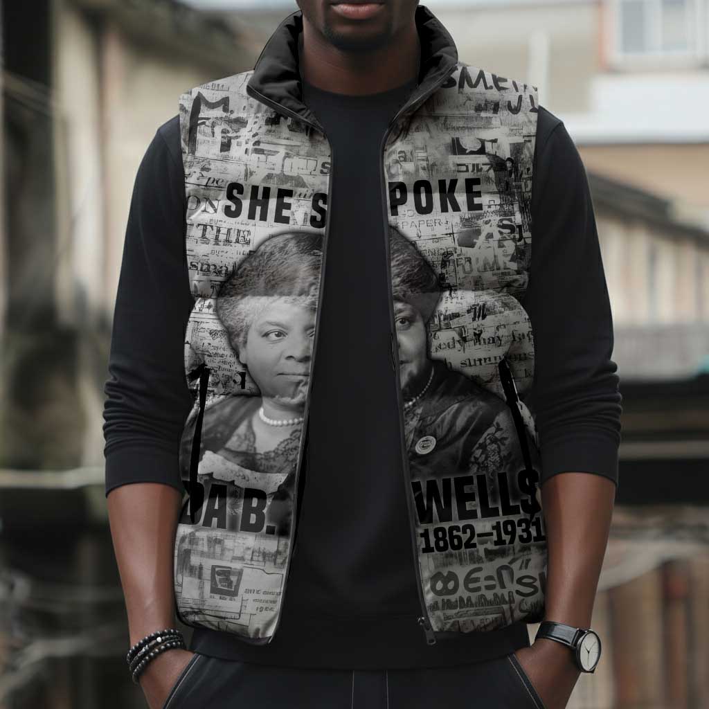 Ida B. Wells Sleeveless Puffer Jacket with Newspaper Collage Design Powerful Portrait Civil Rights and Free Press Tribute - African Pride