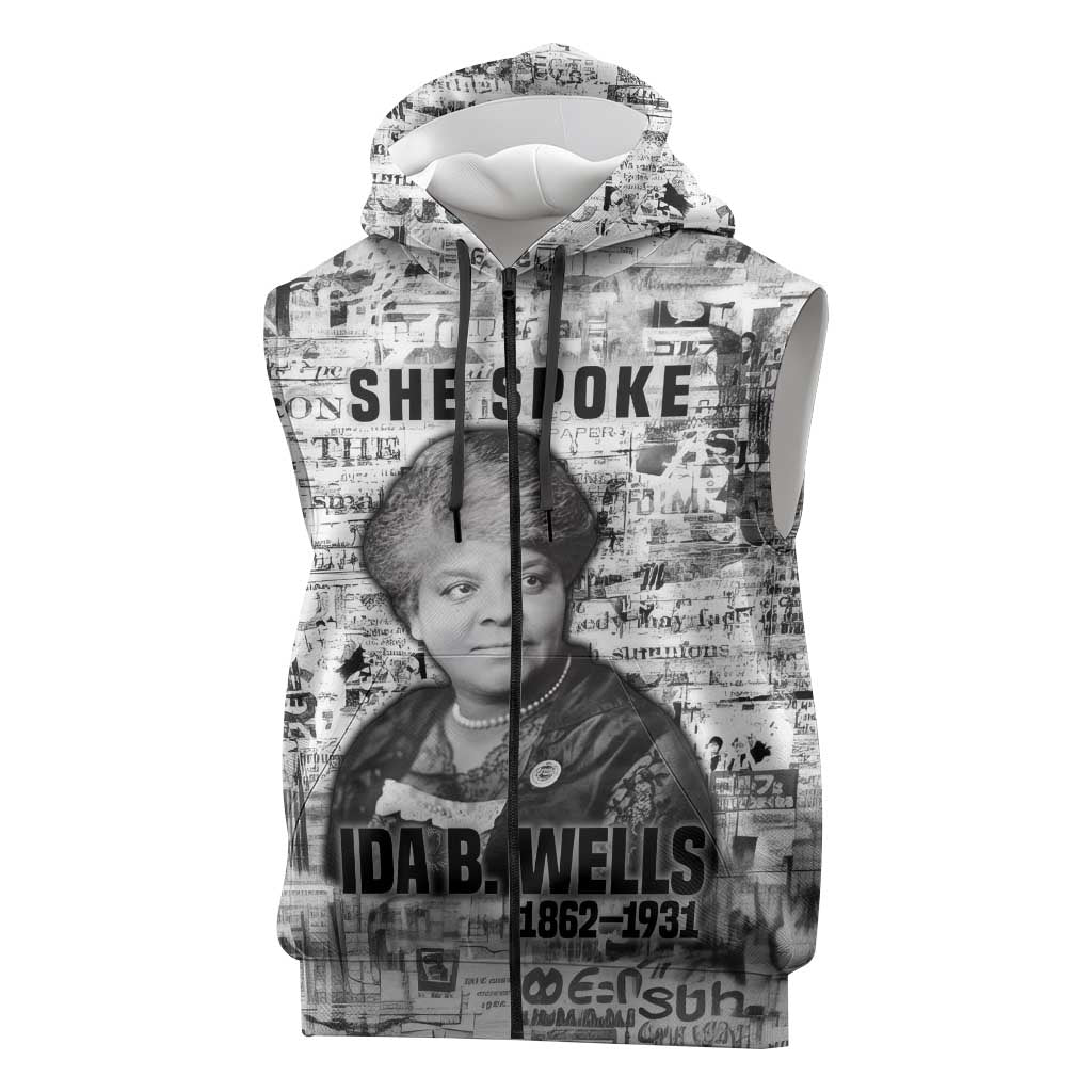 Ida B. Wells Sleeveless Zip Hoodie with Newspaper Collage Design Powerful Portrait Civil Rights and Free Press Tribute - African Pride