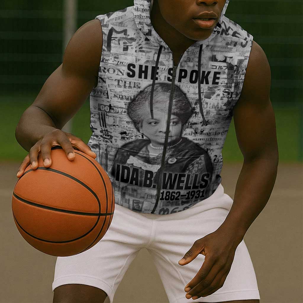 Ida B. Wells Sleeveless Zip Hoodie with Newspaper Collage Design Powerful Portrait Civil Rights and Free Press Tribute - African Pride