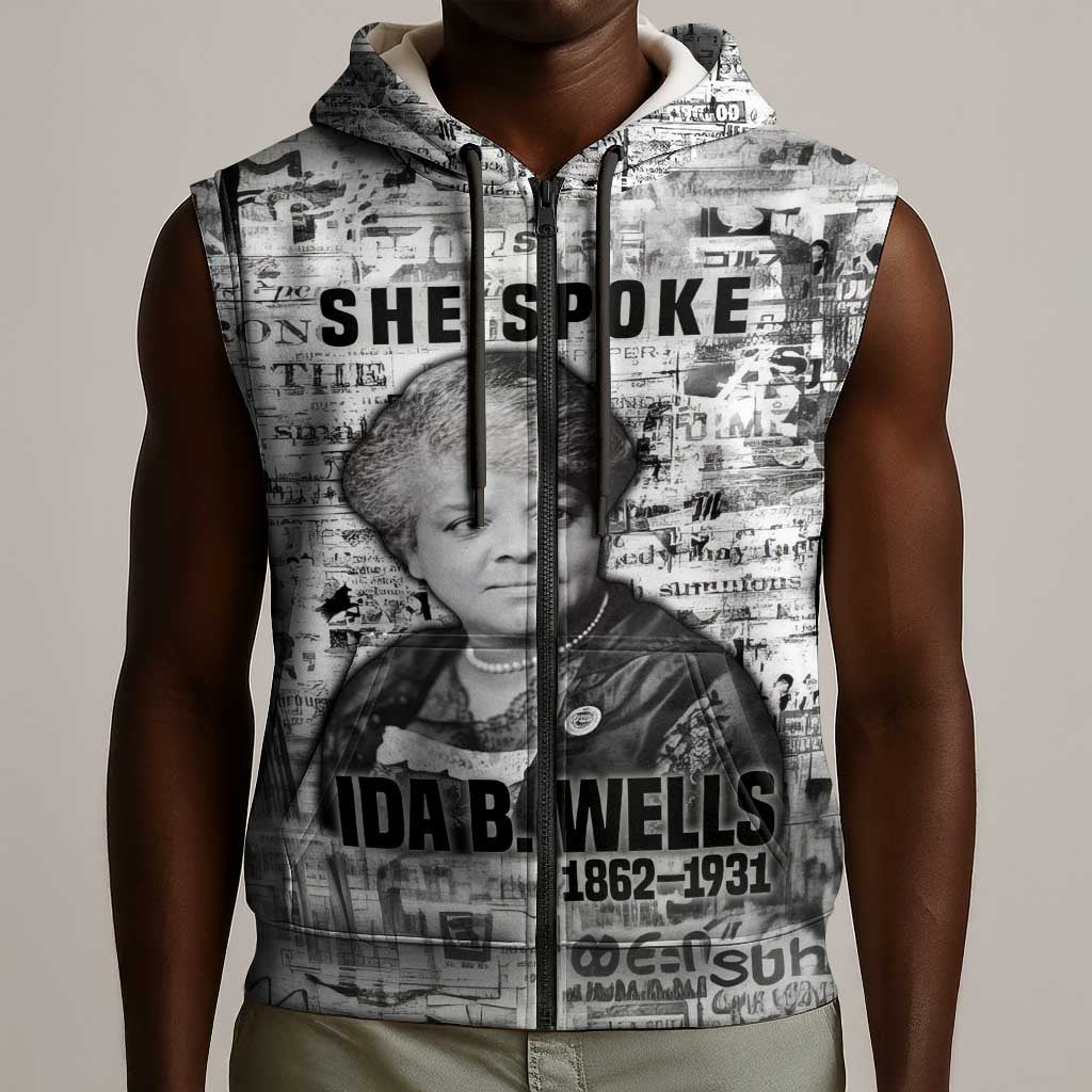 Ida B. Wells Sleeveless Zip Hoodie with Newspaper Collage Design Powerful Portrait Civil Rights and Free Press Tribute - African Pride