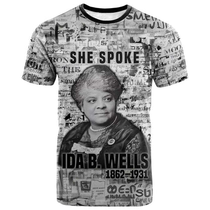 Ida B. Wells T shirt with Newspaper Collage Design Powerful Portrait Civil Rights and Free Press Tribute - African Pride