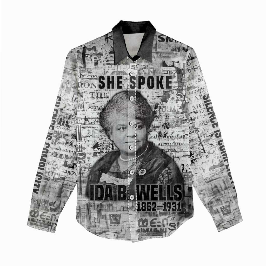 Ida B. Wells Women Casual Shirt with Newspaper Collage Design Powerful Portrait Civil Rights and Free Press Tribute - African Pride