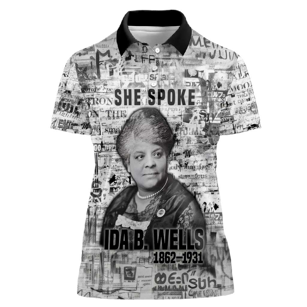 Ida B. Wells Women Polo Shirt with Newspaper Collage Design Powerful Portrait Civil Rights and Free Press Tribute - African Pride