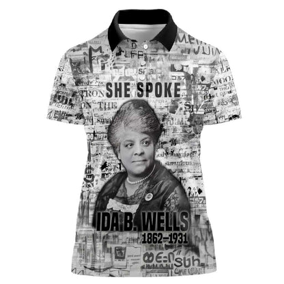 Ida B. Wells Women Polo Shirt with Newspaper Collage Design Powerful Portrait Civil Rights and Free Press Tribute - African Pride