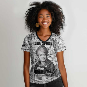 Ida B. Wells Women V-Neck T-Shirt with Newspaper Collage Design Powerful Portrait Civil Rights and Free Press Tribute - African Pride