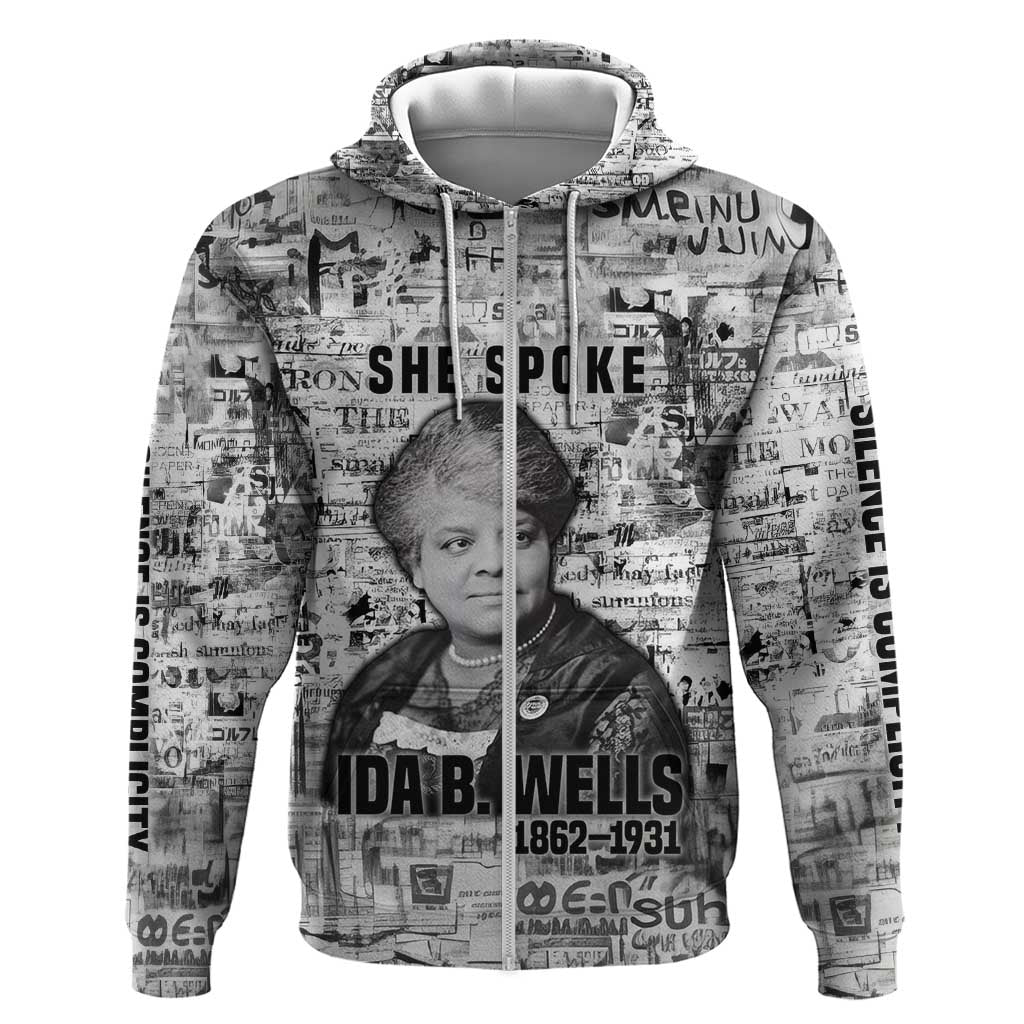Ida B. Wells Zip Hoodie with Newspaper Collage Design Powerful Portrait Civil Rights and Free Press Tribute - African Pride