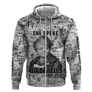 Ida B. Wells Zip Hoodie with Newspaper Collage Design Powerful Portrait Civil Rights and Free Press Tribute - African Pride