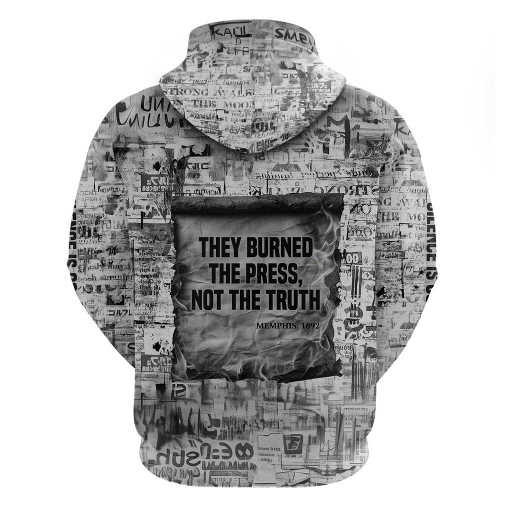 Ida B. Wells Zip Hoodie with Newspaper Collage Design Powerful Portrait Civil Rights and Free Press Tribute - African Pride