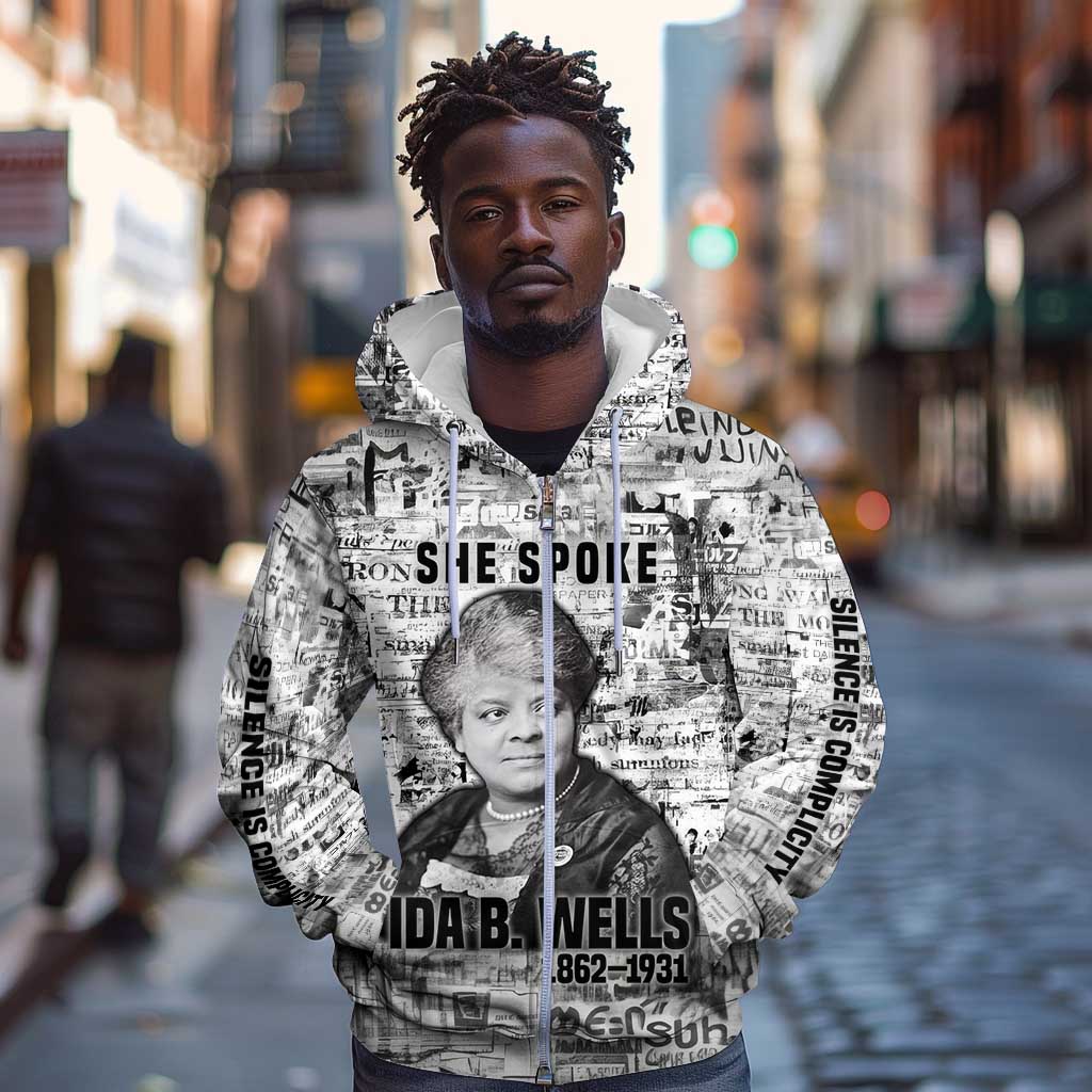 Ida B. Wells Zip Hoodie with Newspaper Collage Design Powerful Portrait Civil Rights and Free Press Tribute - African Pride