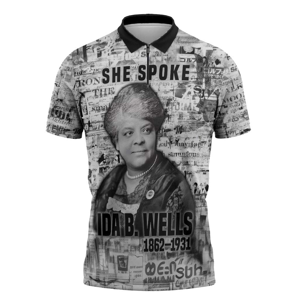 Ida B. Wells Zipper Polo Shirt with Newspaper Collage Design Powerful Portrait Civil Rights and Free Press Tribute - African Pride