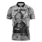 Ida B. Wells Zipper Polo Shirt with Newspaper Collage Design Powerful Portrait Civil Rights and Free Press Tribute - African Pride
