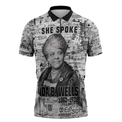 Ida B. Wells Zipper Polo Shirt with Newspaper Collage Design Powerful Portrait Civil Rights and Free Press Tribute - African Pride
