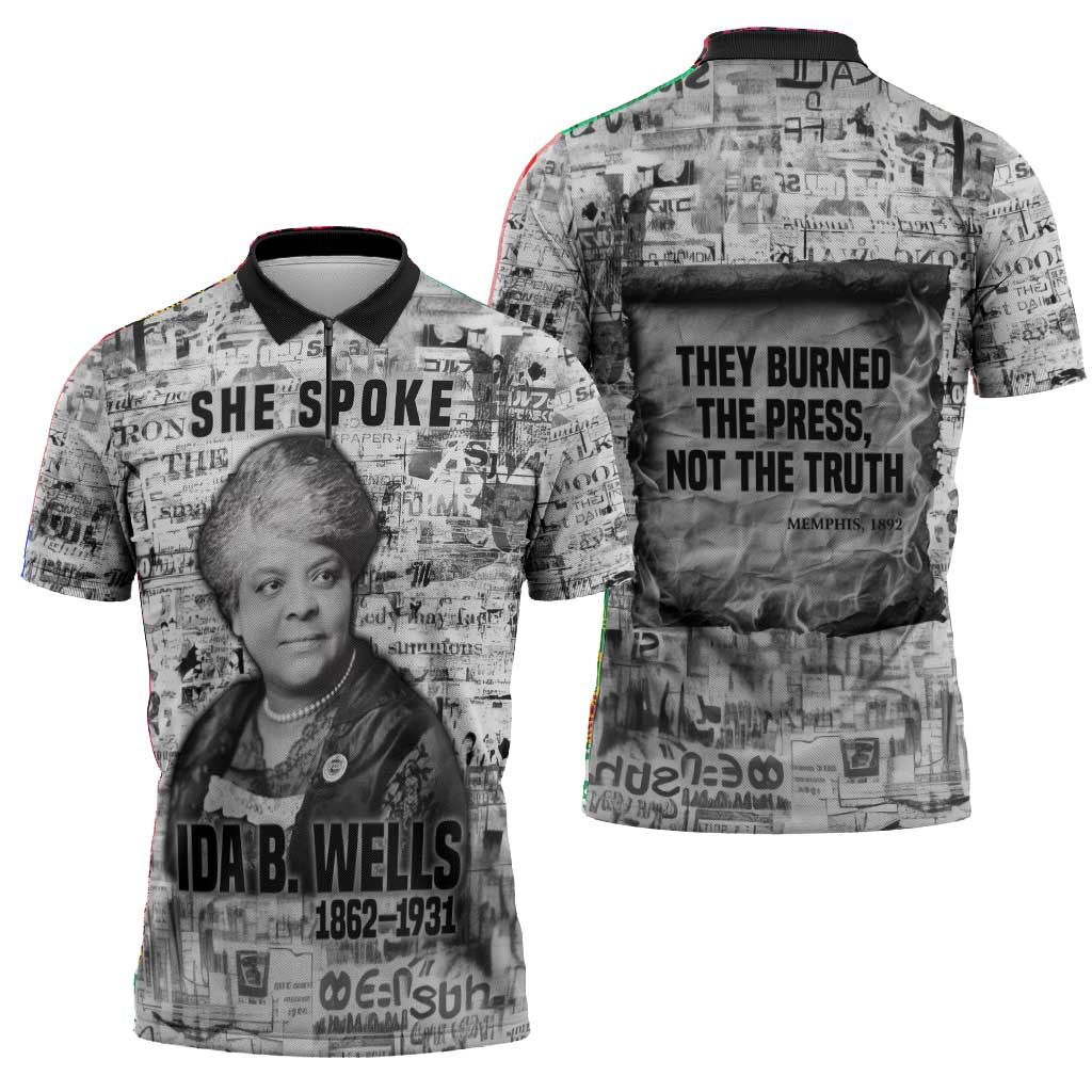 Ida B. Wells Zipper Polo Shirt with Newspaper Collage Design Powerful Portrait Civil Rights and Free Press Tribute - African Pride