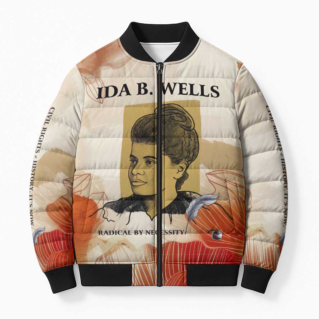 Ida B. Wells Bomber Puffer Jacket with Floral Pen Design Illustrated Portrait Civil Rights and Journalism Tribute - African Pride