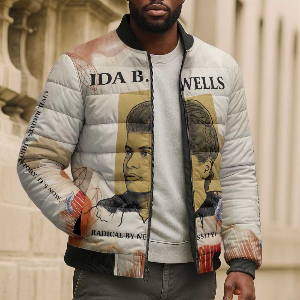 Ida B. Wells Bomber Puffer Jacket with Floral Pen Design Illustrated Portrait Civil Rights and Journalism Tribute - African Pride