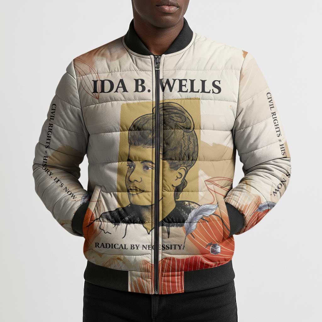 Ida B. Wells Bomber Puffer Jacket with Floral Pen Design Illustrated Portrait Civil Rights and Journalism Tribute - African Pride