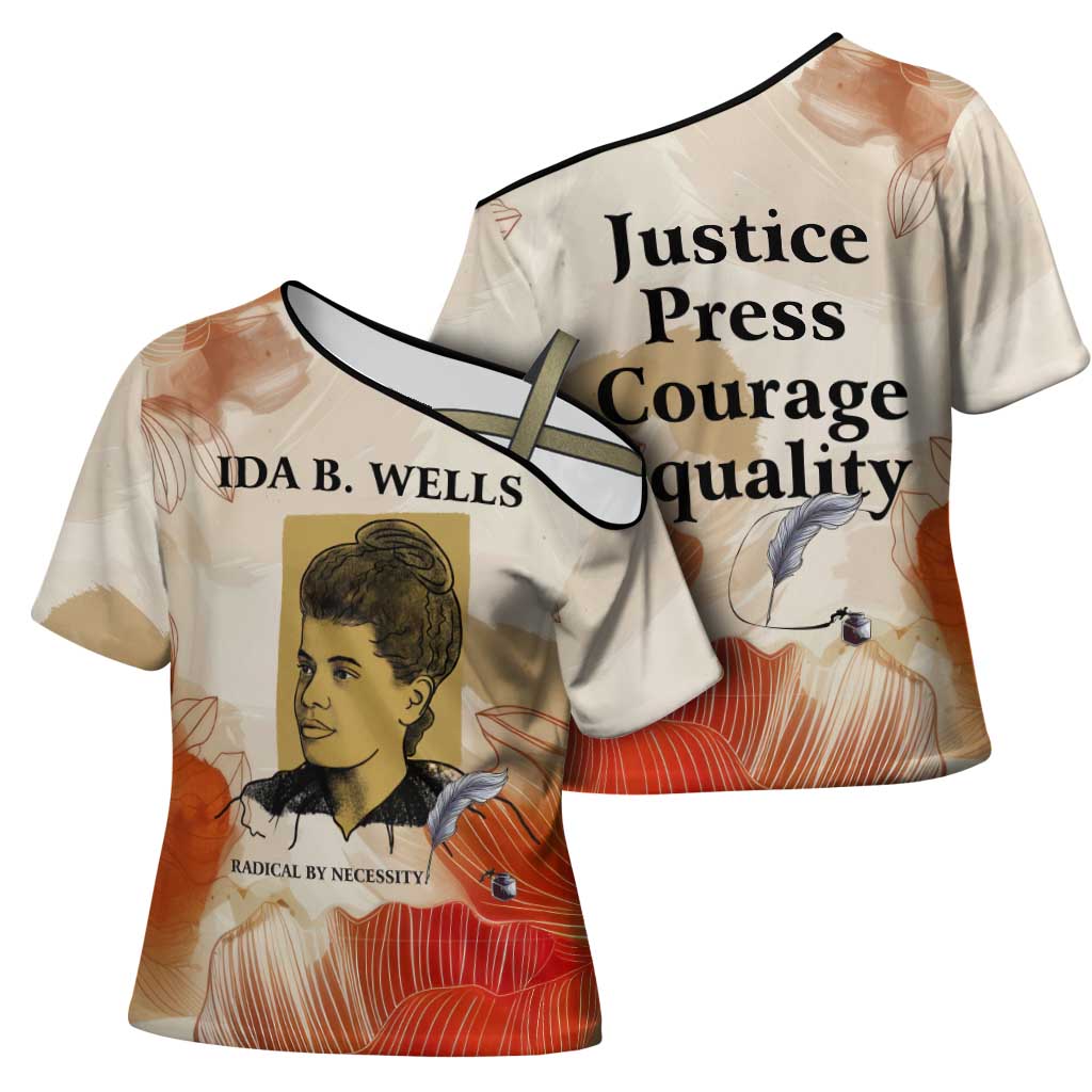 Ida B. Wells Cross Shoulder Shirt with Floral Pen Design Illustrated Portrait Civil Rights and Journalism Tribute - African Pride