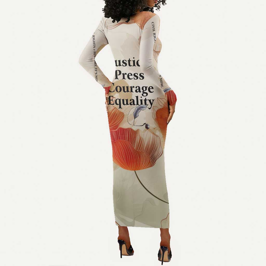 Ida B. Wells Long Sleeve Bodycon Dress with Floral Pen Design Illustrated Portrait Civil Rights and Journalism Tribute - African Pride