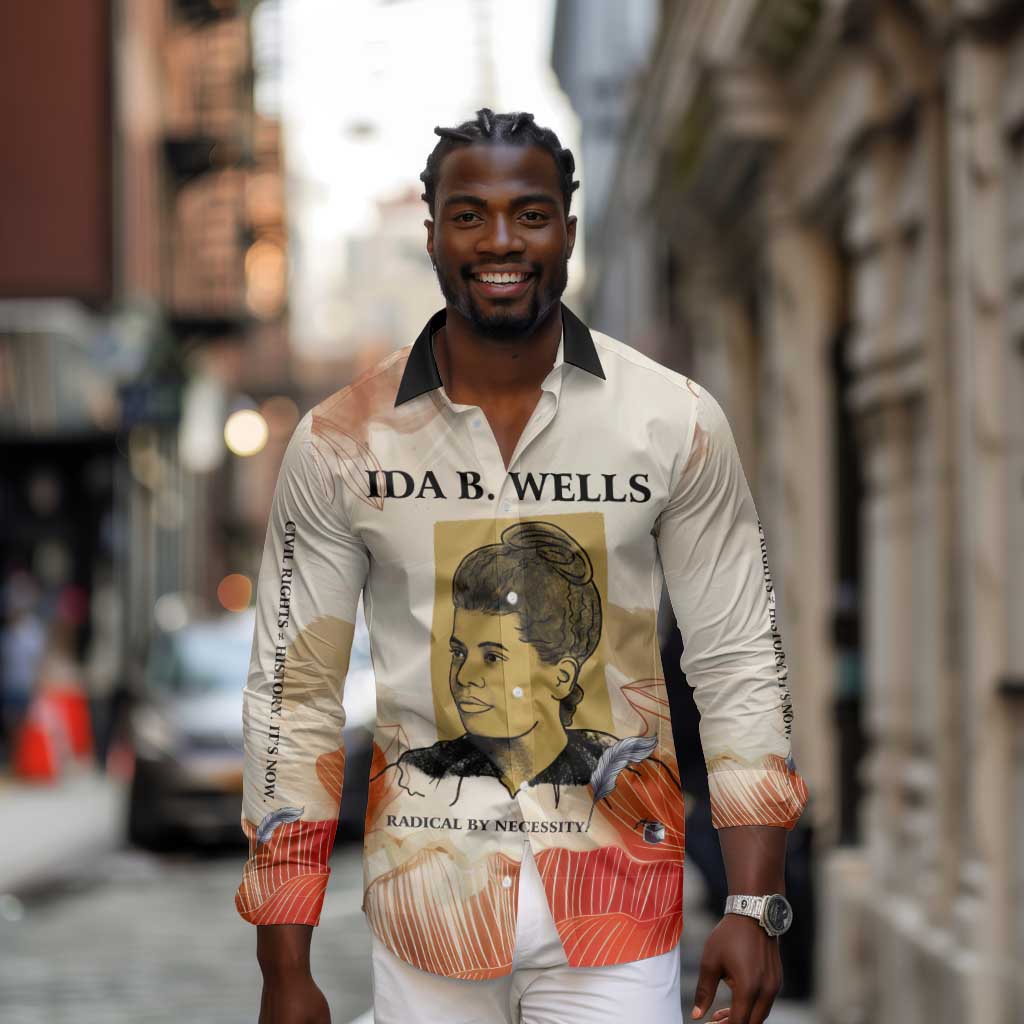 Ida B. Wells Long Sleeve Button Shirt with Floral Pen Design Illustrated Portrait Civil Rights and Journalism Tribute - African Pride