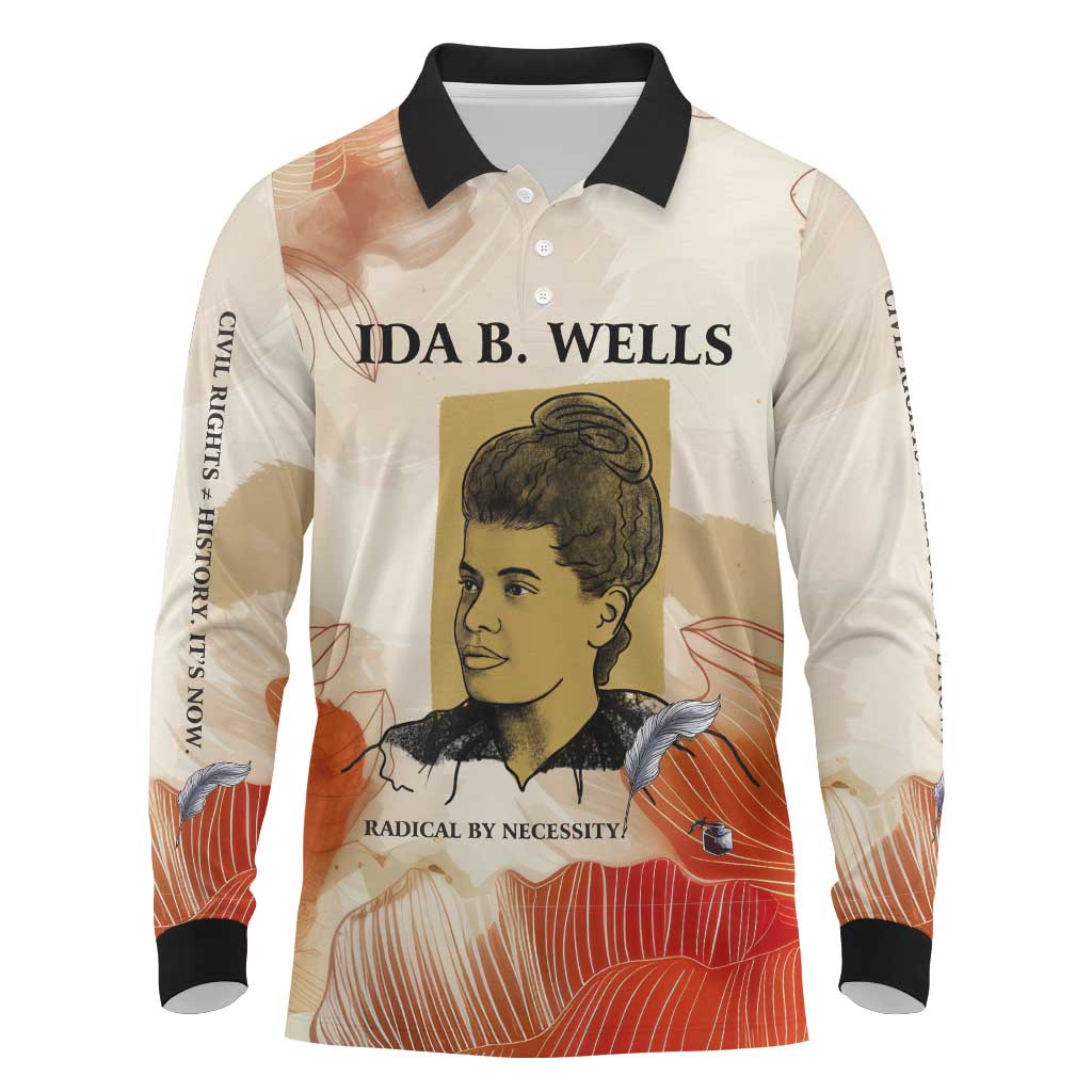 Ida B. Wells Long Sleeve Polo Shirt with Floral Pen Design Illustrated Portrait Civil Rights and Journalism Tribute - African Pride