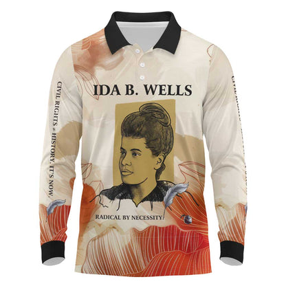 Ida B. Wells Long Sleeve Polo Shirt with Floral Pen Design Illustrated Portrait Civil Rights and Journalism Tribute - African Pride