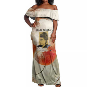 Ida B. Wells Off Shoulder Maxi Dress with Floral Pen Design Illustrated Portrait Civil Rights and Journalism Tribute - African Pride