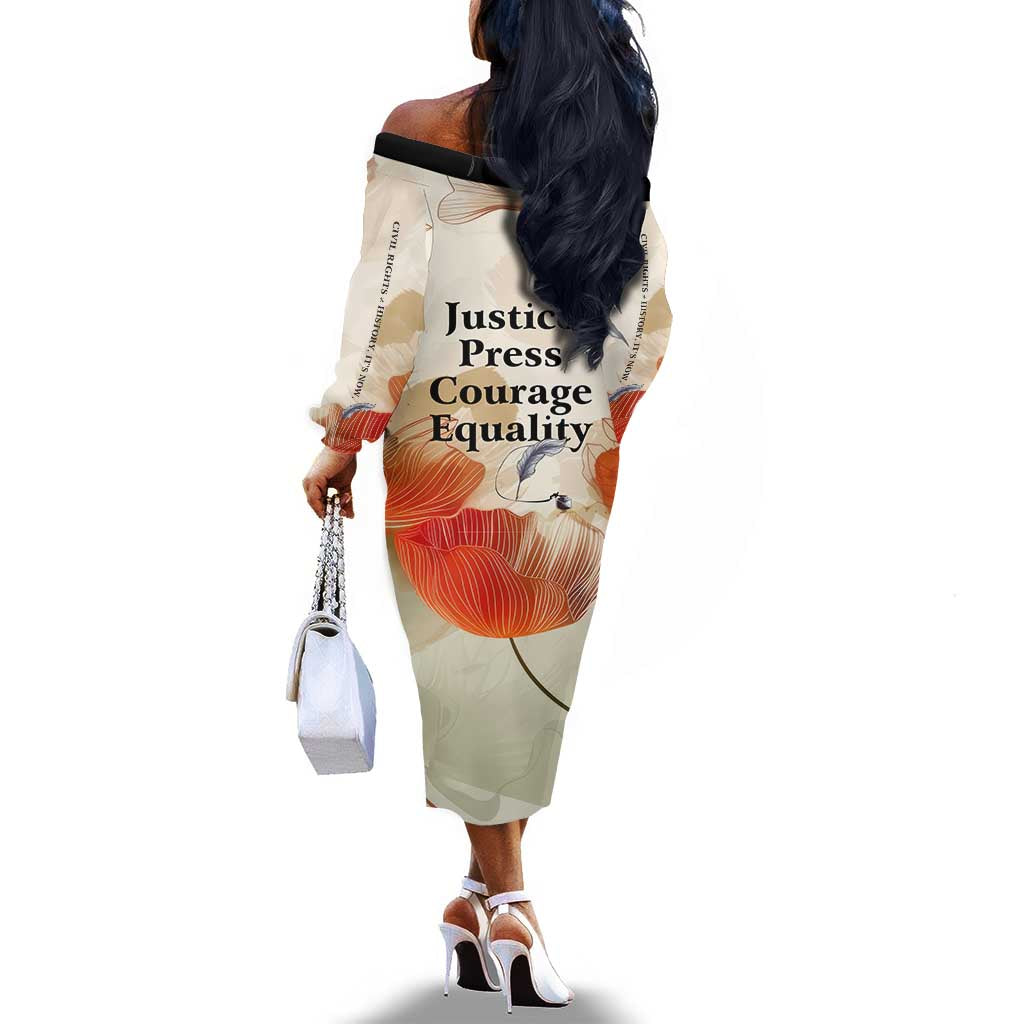 Ida B. Wells Off The Shoulder Long Sleeve Dress with Floral Pen Design Illustrated Portrait Civil Rights and Journalism Tribute - African Pride