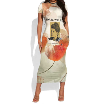 Ida B. Wells Short Sleeve Bodycon Dress with Floral Pen Design Illustrated Portrait Civil Rights and Journalism Tribute - African Pride