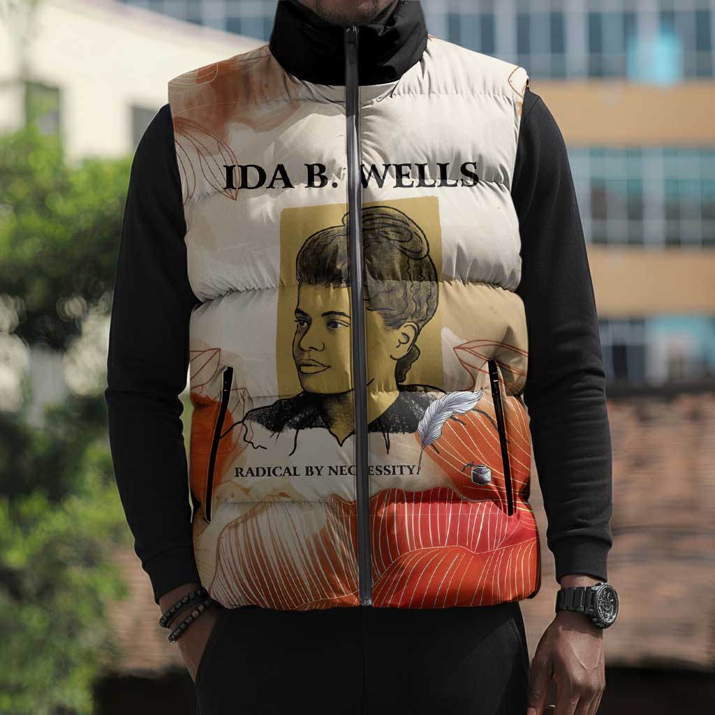 Ida B. Wells Sleeveless Puffer Jacket with Floral Pen Design Illustrated Portrait Civil Rights and Journalism Tribute - African Pride