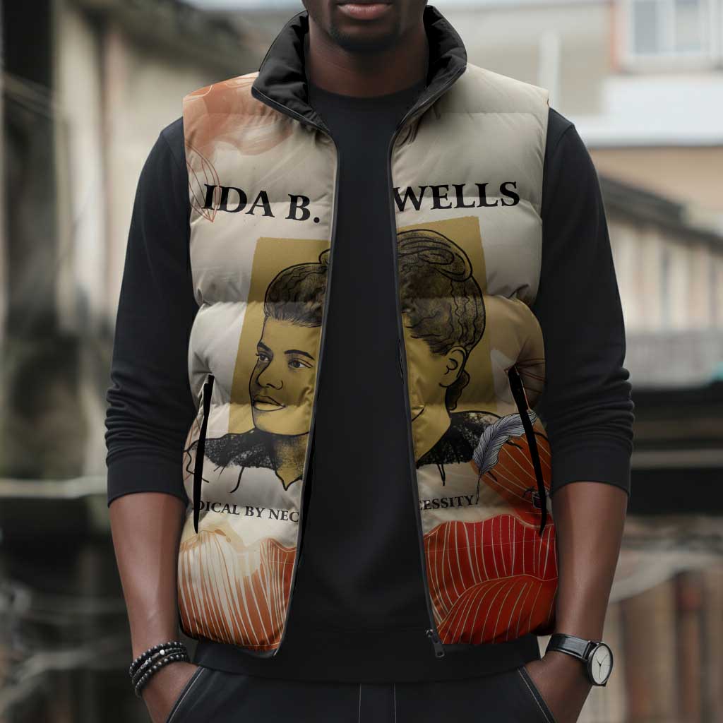 Ida B. Wells Sleeveless Puffer Jacket with Floral Pen Design Illustrated Portrait Civil Rights and Journalism Tribute - African Pride