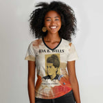 Ida B. Wells Women V-Neck T-Shirt with Floral Pen Design Illustrated Portrait Civil Rights and Journalism Tribute - African Pride